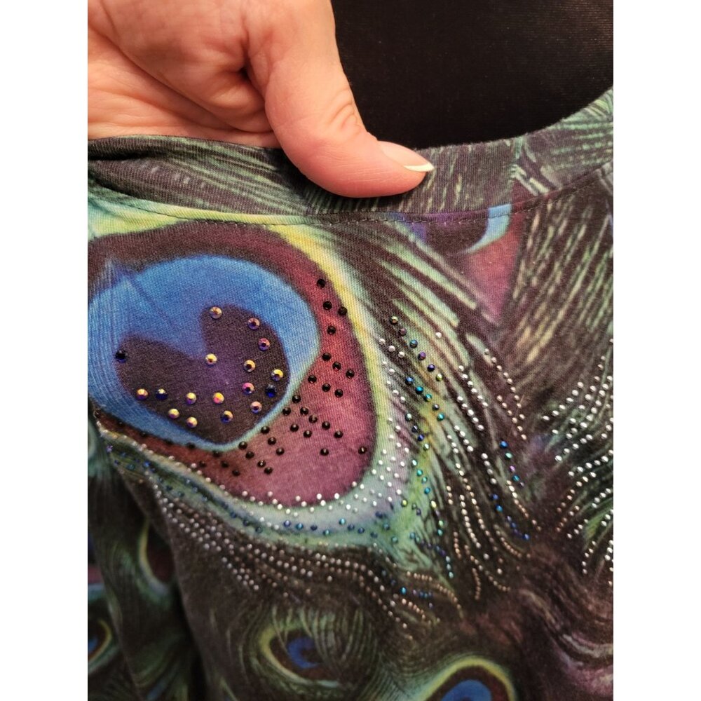 Green/Purple Peacock Print Tunic Rhinestones Handkerchief Hem L Mardi Gras Boho - Picture 4 of 9